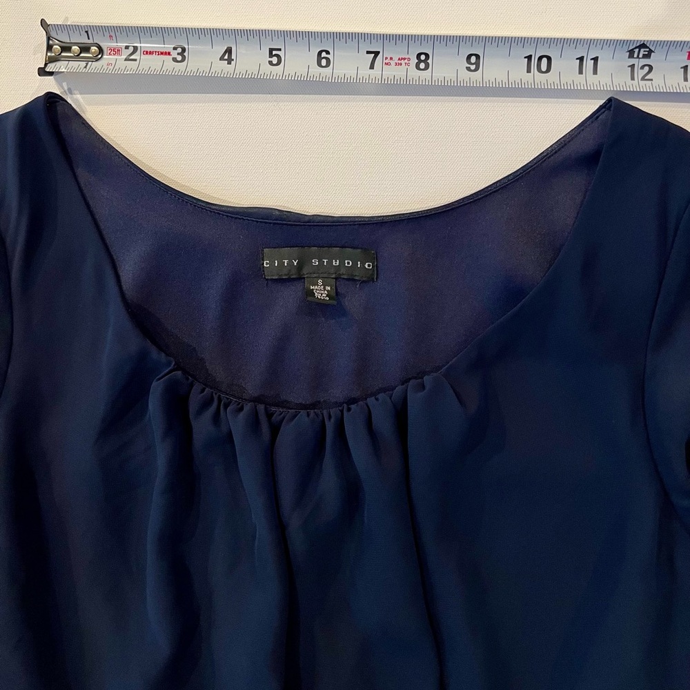 City Studio Crochet Blouson Waist Split Sleeve Navy Dress Sheer Small Delicate - Picture 10 of 15